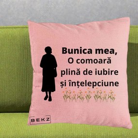 Cadou pentru Bunica - Perna Personalizata Bunica Mea Comoara Iubire Intelepciune Silueta cu Nepoata, 40x40 cm, Roz, Husa Detasabila, Perna Inclusa, BEKZ®