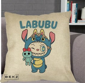 Perna Personalizata Labubu x Stitch cu Flori, 40x40 cm, Crem, Husa Detasabila, Perna Inclusa, BEKZ®