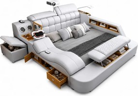 MOBLUX03 Luxury 180x200 cm Light Grey Right Chaise – Pat Inteligent Premium cu Proiector, Vibromasaj, Boxe Bluetooth, Încărcare Wireless și Spații Multiple de Depozitare