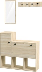 HOMCOM Mobilier pentru Hol cu Depozitare pentru 9 Perechi de Pantofi, Oglindă, Dulap, Rafturi și 4 Cârlige, 90x30x87 cm, Lemn Natural | Aosom Romania