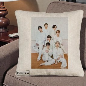 Perna Personalizata K-pop BTS Foto Grup All-White Elegant, 40x40 cm, Bej Canapea, Husa Detasabila, Perna Inclusa, BEKZ®