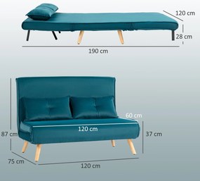 HOMCOM Canapea extensibila pentru 2 persoane, canapea pat, spatiu pentru dormit, spatar reglabil, husa din material textil, structura metalica, Verde | Aosom Romania