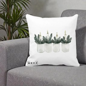 Perna Decorativa Lumanari in Borcane cu Eucalipt, 40x40 cm, Alba Mata, Husa Detasabila, Perna Inclusa, BEKZ®