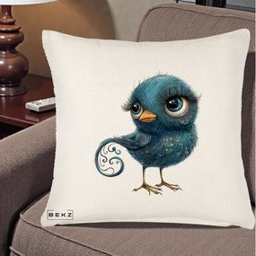 Perna Decorativa Pasare Teal cu Motive Aurii si Coada Spiralata, 40x40 cm, Crem Reliefat, Husa Detasabila, Perna Inclusa, BEKZ®