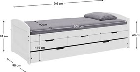 Pat cu pat suplimentar extensibil, alb, lemn masiv, 90x200, MARINELLA NEW