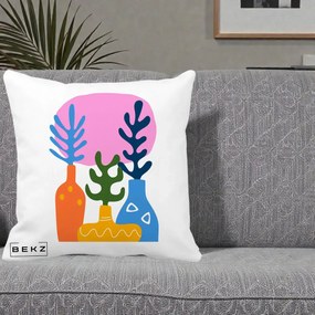 Perna Decorativa Vaze Botanice Abstract, 40x40 cm, Alba Mata, Husa Detasabila, Perna Inclusa, BEKZ®