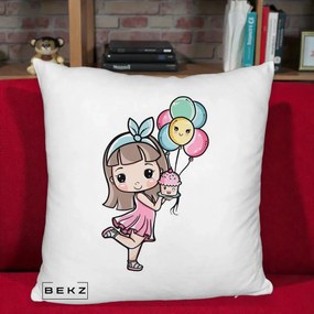 Perna Decorativa Fetita Kawaii cu Baloane si Cupcake, 40x40 cm, Alb Pufos, Husa Detasabila, Perna Inclusa, BEKZ®
