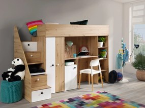 Pat pentru copii combinat 90 cm Sami 14 (Stejar artisan + alb mat + mânere negre). 1085821