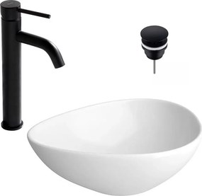Pachet lavoar pe blat Cersanit Moduo alb 56.5 cm, baterie lavoar Rea Lungo negru si ventil lavoar Click-Clack negru