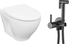 Pachet vas wc suspendat Cersanit Moduo, capac softclose si set dus igiena intima negru cu baterie incastrata Invena Bidetta