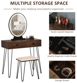 HOMCOM Masa de toaleta cu Oglinda Stil Industrial Lumini tip LED si Taburet Culoare Nuc