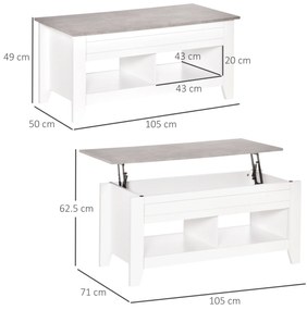 HOMCOM Masă de cafea cu blat extensibil, masă de salon cu rafturi și compartiment ascuns, 105 x 50 x 49-62,5 cm pentru salon, dormitor, lemn alb | Aosom Romania
