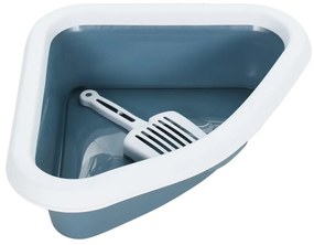 Litiera de colt pentru pisici, alb si albastru, 56x40x14 cm, PP