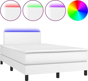 vidaXL Pat box spring cu saltea și LED, alb, 120x190 cm, piele eco