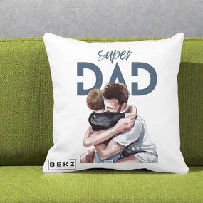 Cadou pentru Tata - Perna Personalizata Super Dad Tata si Fiu Imbratisare, 40x40 cm, Alba Mata, Husa Detasabila, Perna Inclusa, BEKZ®