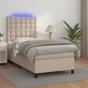 3135926 vidaXL Pat cu arcuri, saltea și LED, cappuccino, 90x200cm, piele eco