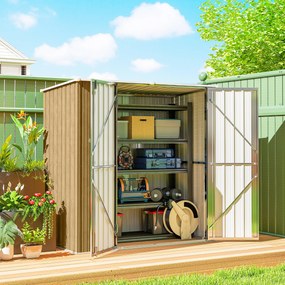 Outsunny Șopron metalic de grădină exterior 1,37 m² 163x89x163 cm cu acoperiș înclinat, uși cu zăvor și mănuși maro | Aosom Romania