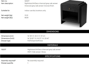 Noptiera LUX Furnir Stejar Gri Carbune, ArtDeco