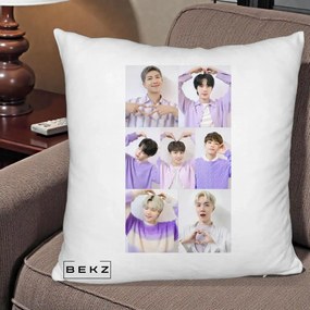 Perna Personalizata K-pop BTS Colaj 7 Portrete cu Inimi Lila, 40x40 cm, Alb Pufos, Husa Detasabila, Perna Inclusa, BEKZ®