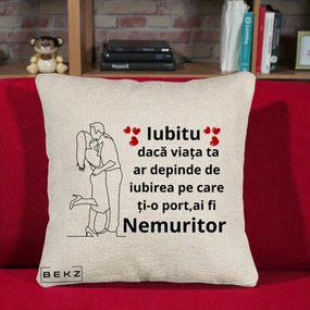 Cadou pentru Iubit - Perna Personalizata Iubitu Nemuritor cu Cuplu Line-Art si Inimi Rosii, 40x40 cm, Bej Canapea, Husa Detasabila, Perna Inclusa, BEKZ®