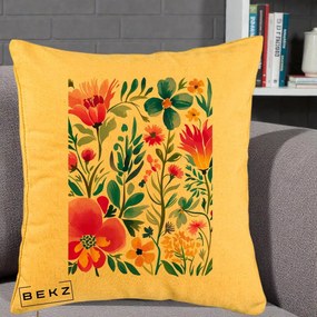 Perna Decorativa Gradina Florala Acuarela Colorata, 40x40 cm, Galben, Husa Detasabila, Perna Inclusa, BEKZ®