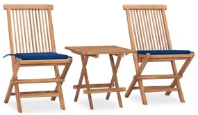 Set mobilier exterior pliabil cu perne, 3 piese, lemn masiv tec Albastru regal, 3
