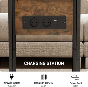 HOMCOM Măsuță de cafea în formă de C, extensibilă, cu 2 stații de încărcare, lemn și metal, 39x29x57 cm, negru și maro | Aosom Romania