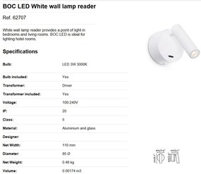 Aplica moderna cu reader LED design minimalist BOC alba