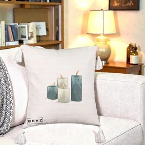 Perna Decorativa Lumanari Hygge Alb-Verde, 40x40 cm, Bej cu Franjuri, Husa Detasabila, Perna Inclusa, BEKZ®