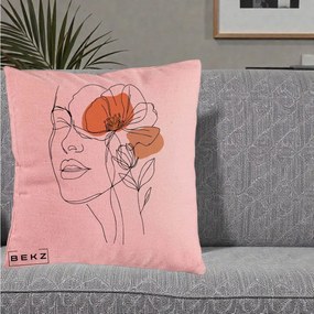 Perna Decorativa Portret Feminin Mac Profilat, 40x40 cm, Roz, Husa Detasabila, Perna Inclusa, BEKZ®