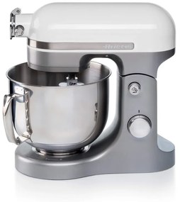 Mixer planetar Ariete MODERNA 1589/01, 3200W, 5.5 L, 11 viteze, Carcasa aluminiu masiv, Accesorii, Alb/Inox