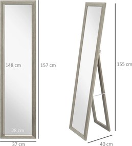 HOMCOM Oglindă Autoportantă Modernă, 37x157 cm, Oglindă de Perete și de Podea în Mărime Naturală cu Ramă din Lemn și Suport, pentru Dormitor, Living și Hol, Gri | Aosom Romania