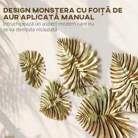 HOMCOM Artă Murală cu 5 Frunze de Monstera și Accesorii pentru Montaj Incluse, Decorațiuni Murale din Metal, 83x2.5x39 cm, culoare Aurie | Aosom Romania