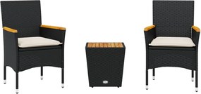 vidaXL Set bistro cu perne, 3 piese, negru, poliratan și sticlă