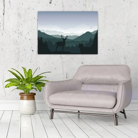 Tablou pe sticlă - Cerb cu lup pe stânci (70x50 cm)