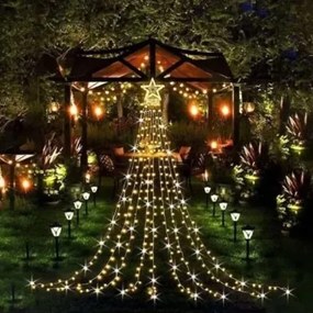 Instalatie solara perdea cu varf stea, 350 leduri, 9 franjuri, alb cald