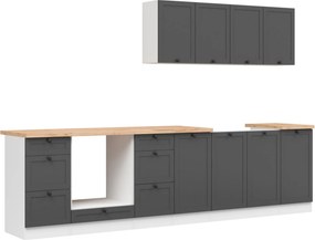 Set bucatarie JUNONA LINE, gri grafit/alb, PAL, 300 cm, cu blat stejar