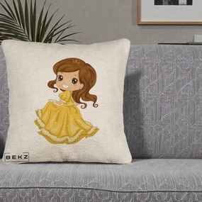 Perna Decorativa Printesa Bella Rochie Aurie, 40x40 cm, Bej Canapea, Husa Detasabila, Perna Inclusa, BEKZ®