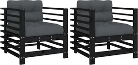 vidaXL Scaune de grădină cu perne, 2 buc., negru, lemn masiv de pin