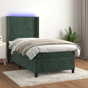 3139598 vidaXL Pat cu arcuri, saltea și LED, verde închis, 90x190 cm, catifea