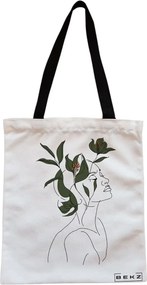 Sacosa de Panza pentru Cumparaturi, Geanta Tote, Flower Lady 10, Cu fermoar, 38x34.5 cm, Alba, BEKZ®