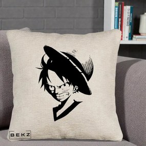 Perna Personalizata One Piece Luffy Silueta Alb-Negru, 40x40 cm, Bej Canapea, Husa Detasabila, Perna Inclusa, BEKZ®