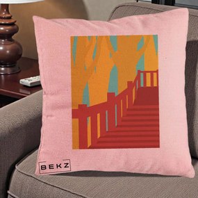 Perna Decorativa Scari Toamna Peisaj Grafic, 40x40 cm, Roz, Husa Detasabila, Perna Inclusa, BEKZ®