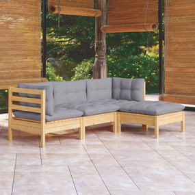 Set mobilier gradina cu perne, 4 piese, gri, lemn de pin