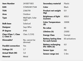 Aplica LED solara de exterior cu senzor de miscare IP44 Justina negru