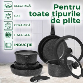 Set de oale si tigai Just Perfecto JL-998, 11 piese, Finisaj marmura, Inductie, 2 manere detasabile, Negru