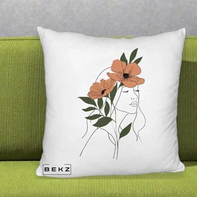 Perna Decorativa Portret Feminin Doua Maci Terracotta, 40x40 cm, Alb Pufos, Husa Detasabila, Perna Inclusa, BEKZ®