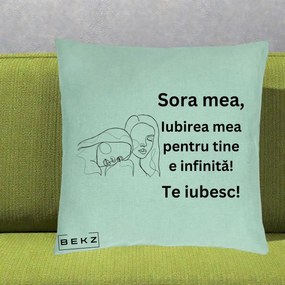 Cadou pentru Sora - Perna Personalizata Sora Mea Te Iubesc Line Art Portrete Fata in Fata, 40x40 cm, Verde Menta, Husa Detasabila, Perna Inclusa, BEKZ®