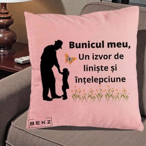 Cadou pentru Bunic - Perna Personalizata Bunicul Meu Izvor de Liniste cu Fluture si Fetita, 40x40 cm, Roz, Husa Detasabila, Perna Inclusa, BEKZ®