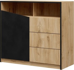 Comodă cu usa si trei sertare, 100x40x91 cm, Atson, ADRK Furniture (Culoare: Stejar / Negru)